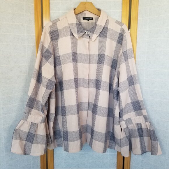 Lane Bryant Plaid Check Shirt Button Down Collared Long Sleeve Navy Tan Size 22 - Picture 1 of 9